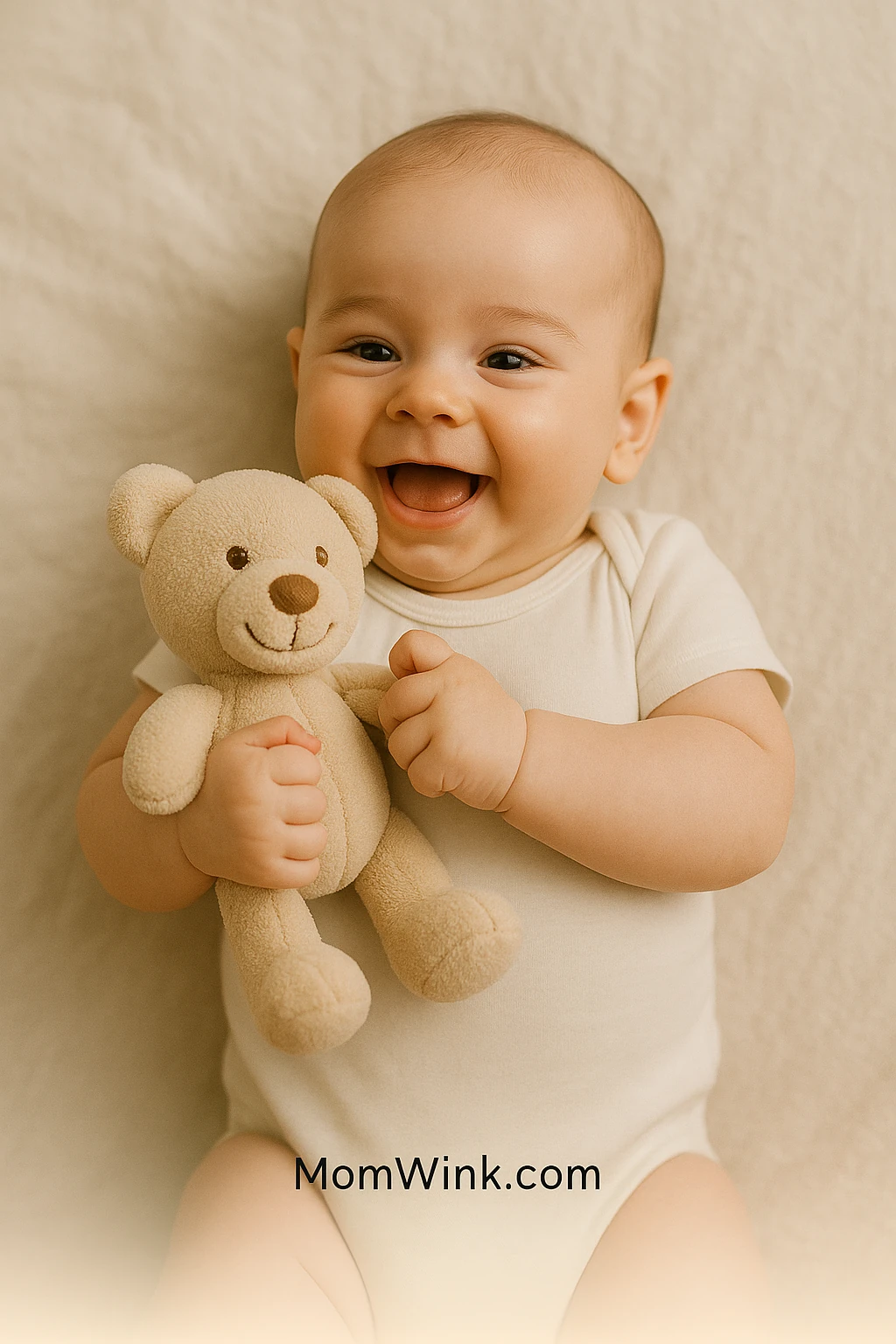 4 month old milestones: baby grasping a soft toy during play time