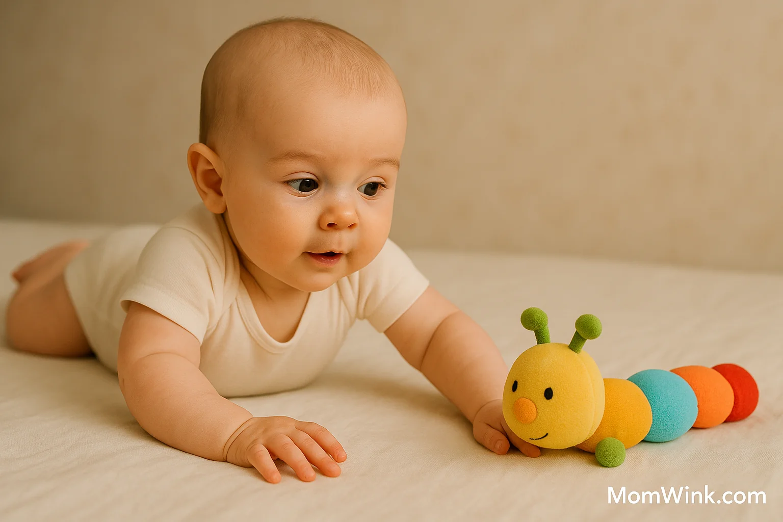 4 month old milestones: baby practicing rolling with toy to the side