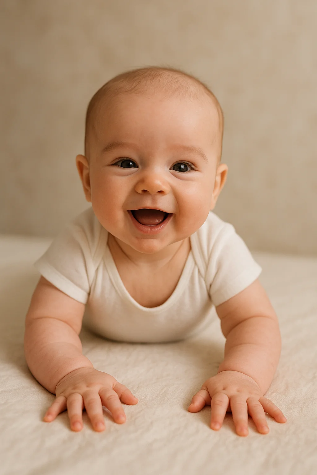4 month old milestones: baby smiling on tummy time with lifted chest