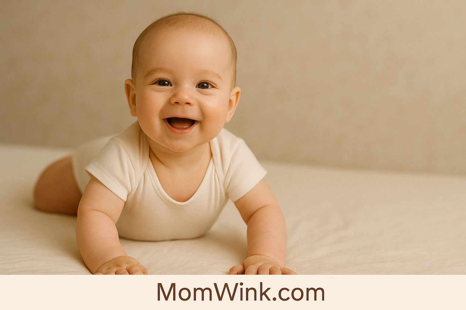 5 month old milestones: baby pushing up on straight arms and smiling