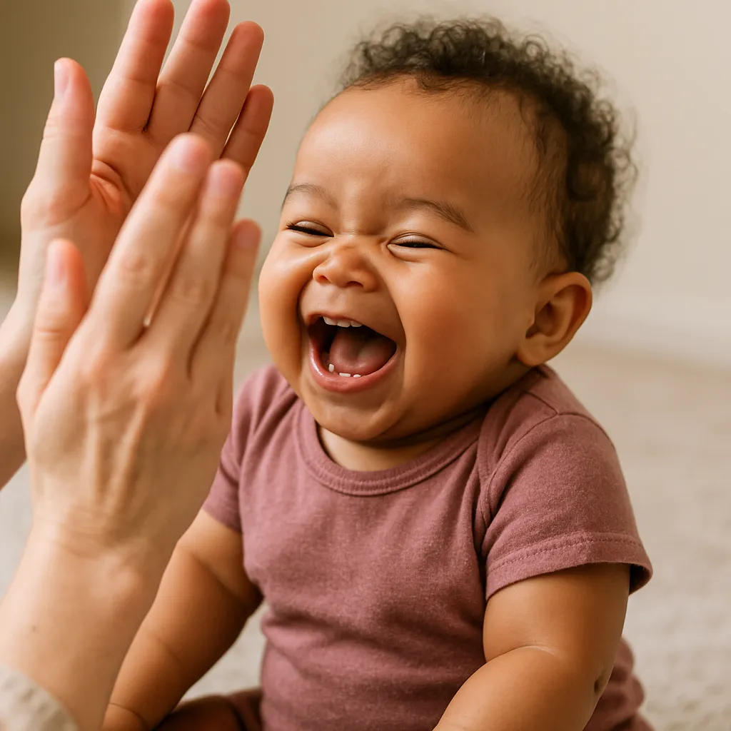 6 month old milestones: baby laughing during peek-a-boo