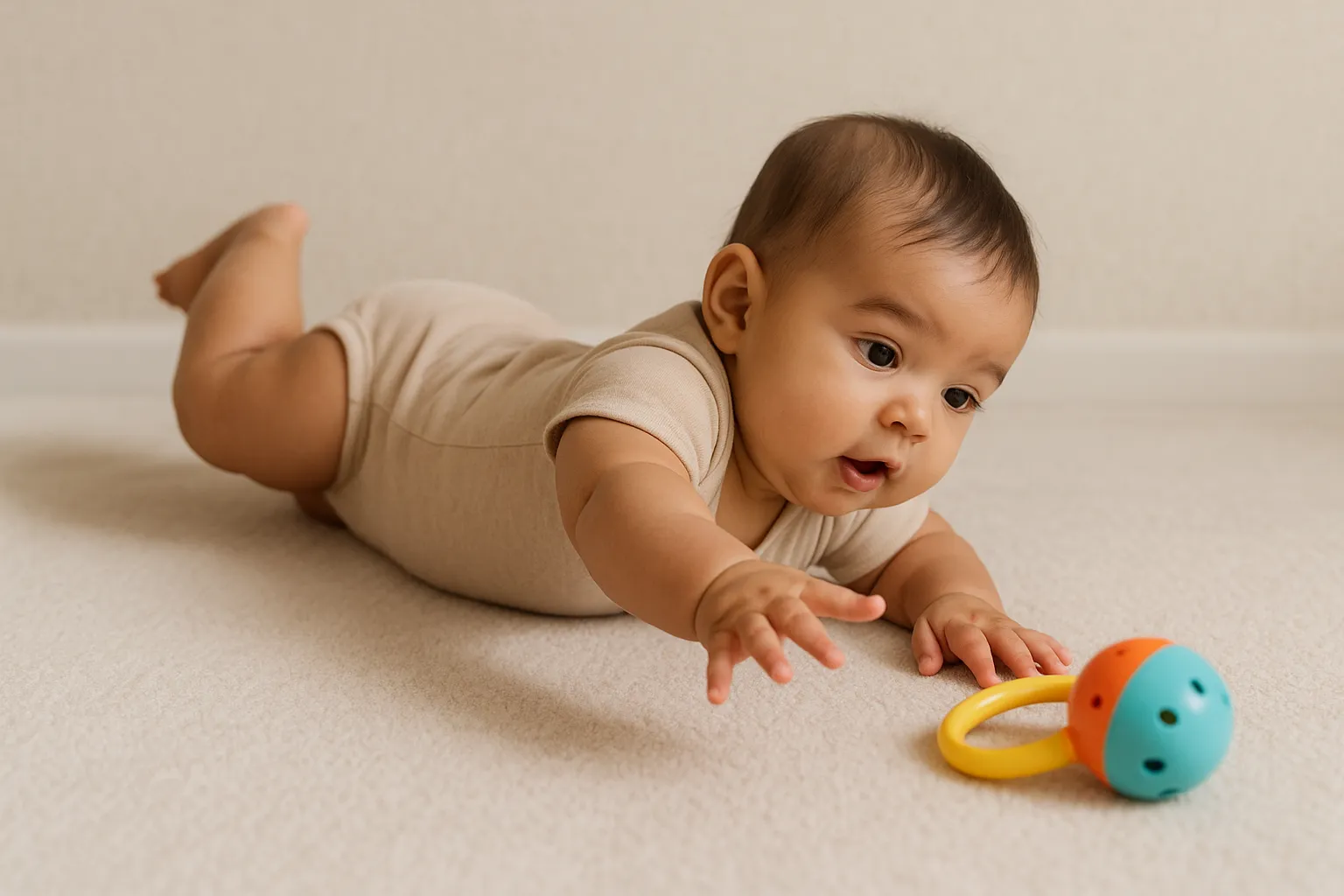 6 month old milestones: baby rolling toward a toy placed to the side
