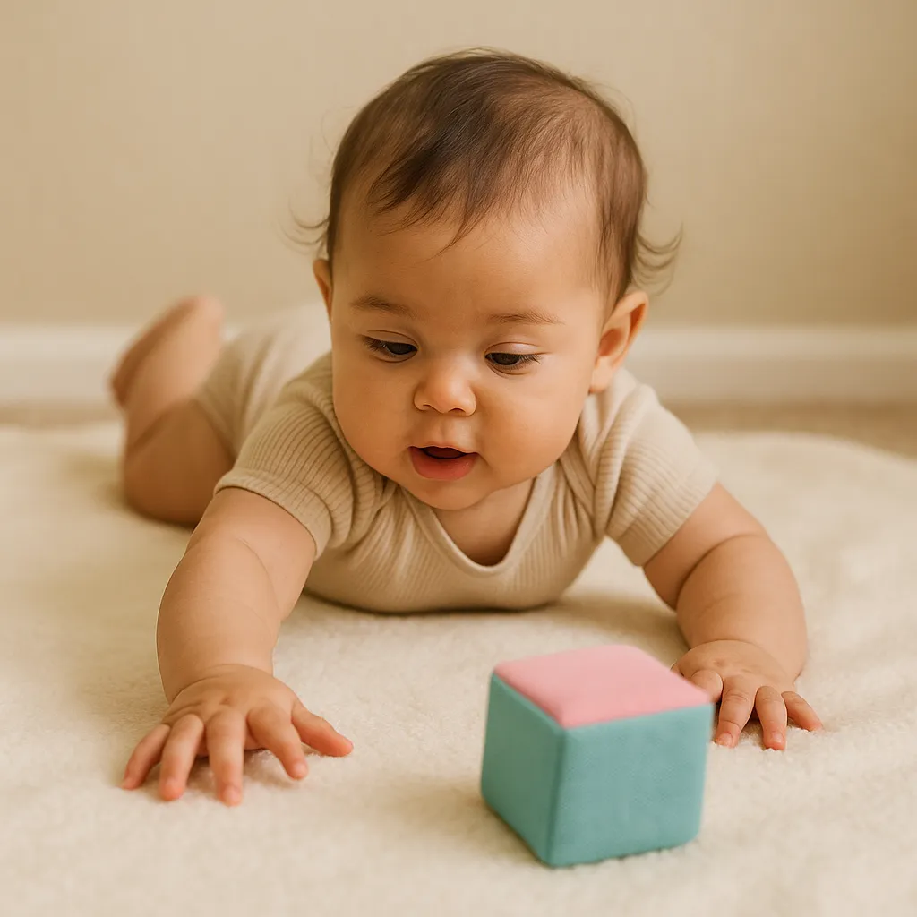 6 month old milestones: baby using a raking grasp to reach a soft block