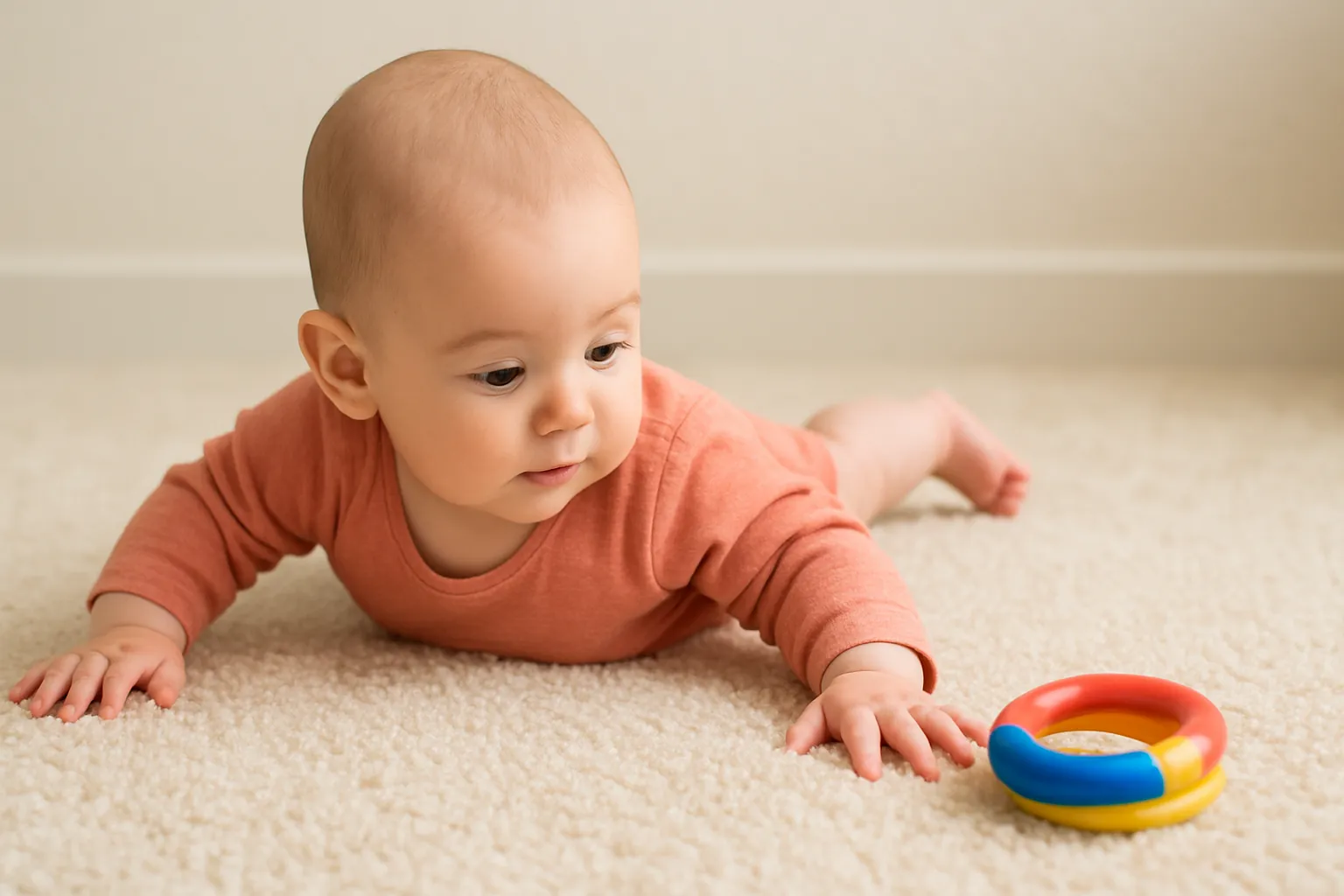 7 month old milestones: baby pivoting on tummy toward a toy