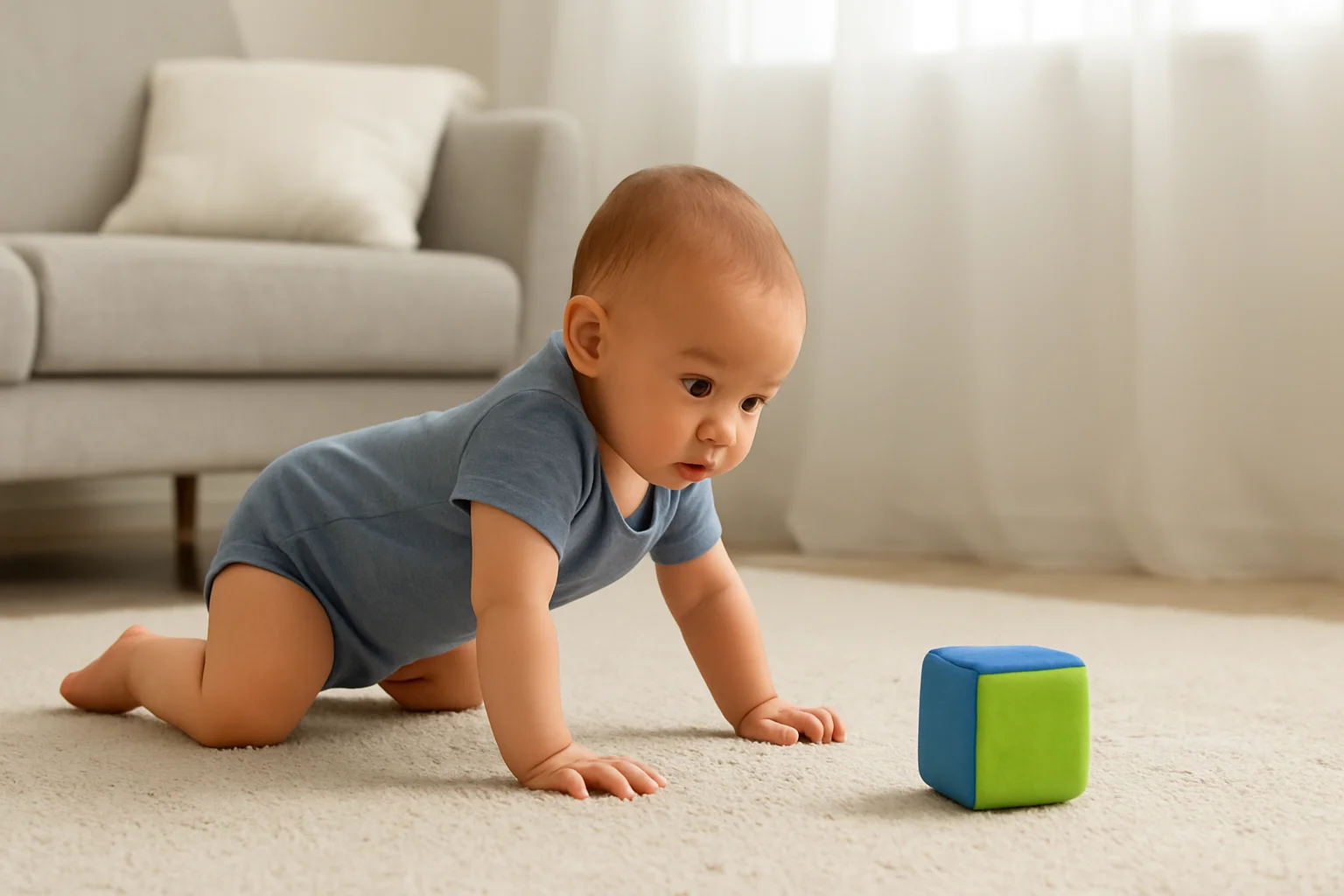 8 month old milestones: baby creeping toward a soft block