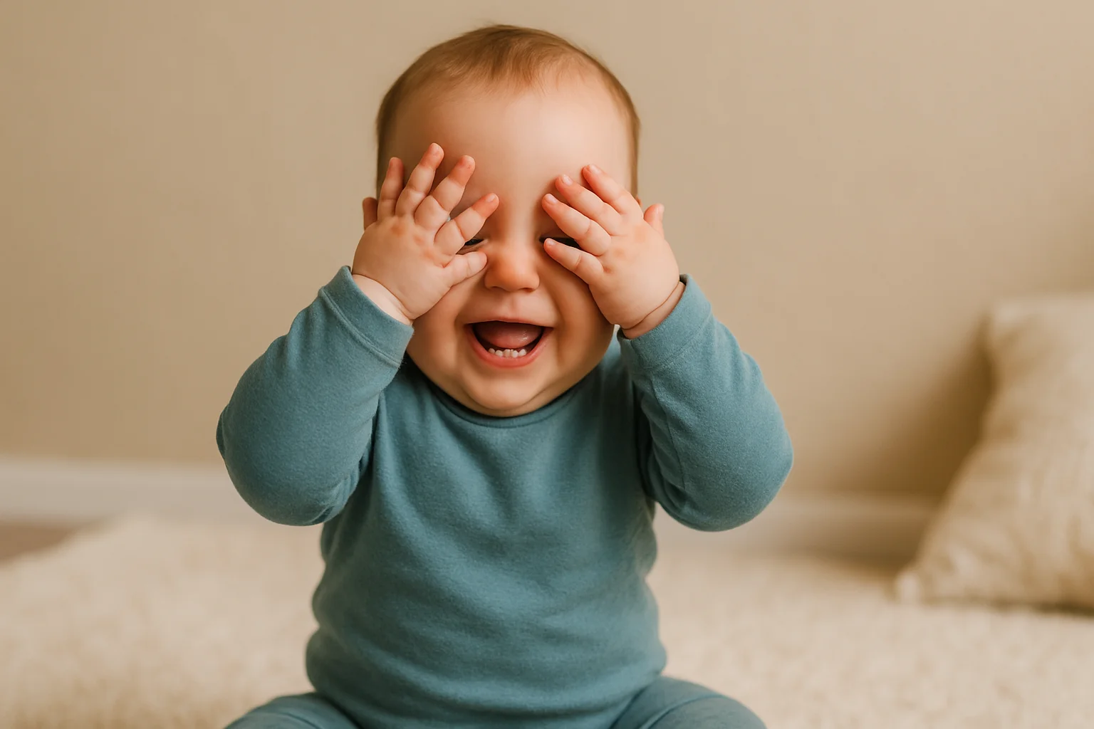 8 month old milestones: baby playing peekaboo and smiling