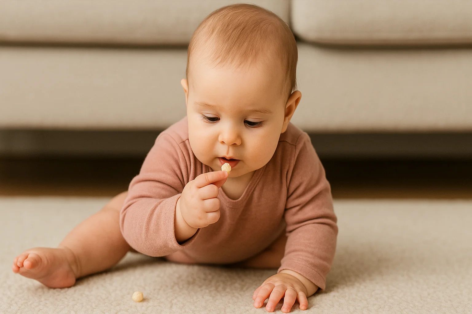 8 month old milestones: baby using an early pincer grasp to pick up a puff