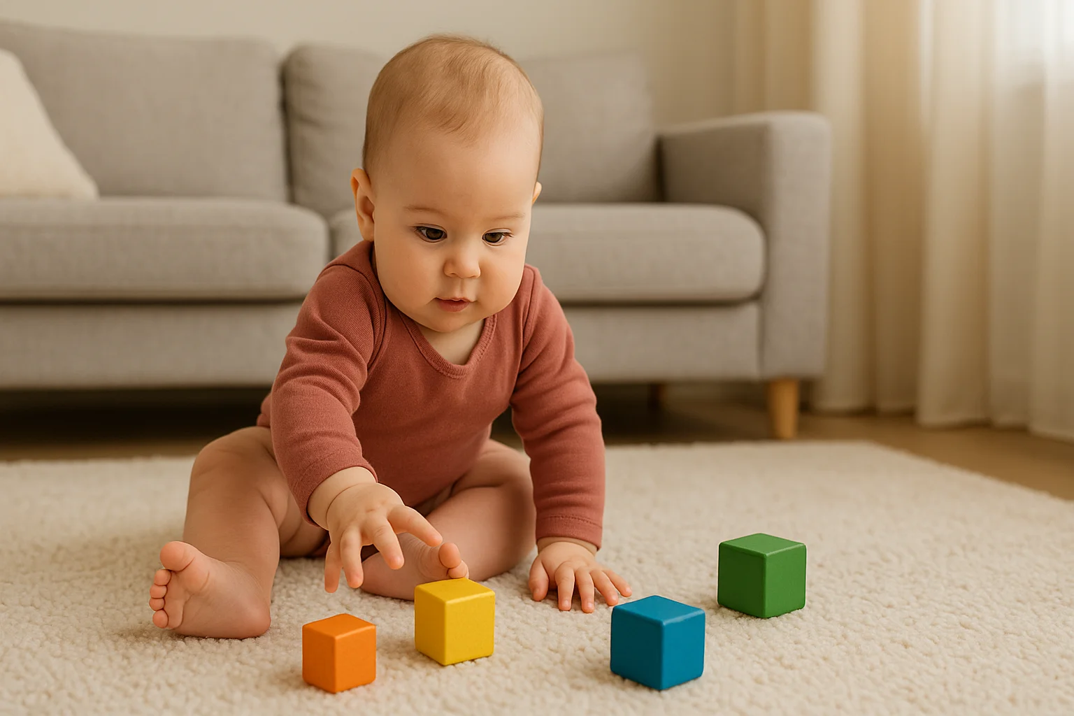 8 month old milestones: baby sitting unaided and reaching for blocks