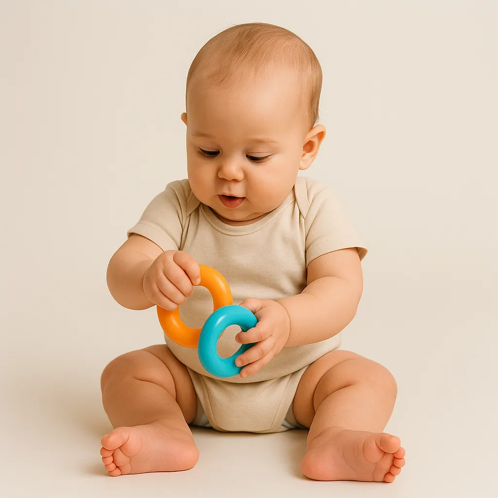 7 month old milestones: baby sitting with minimal support and transferring a toy between hands