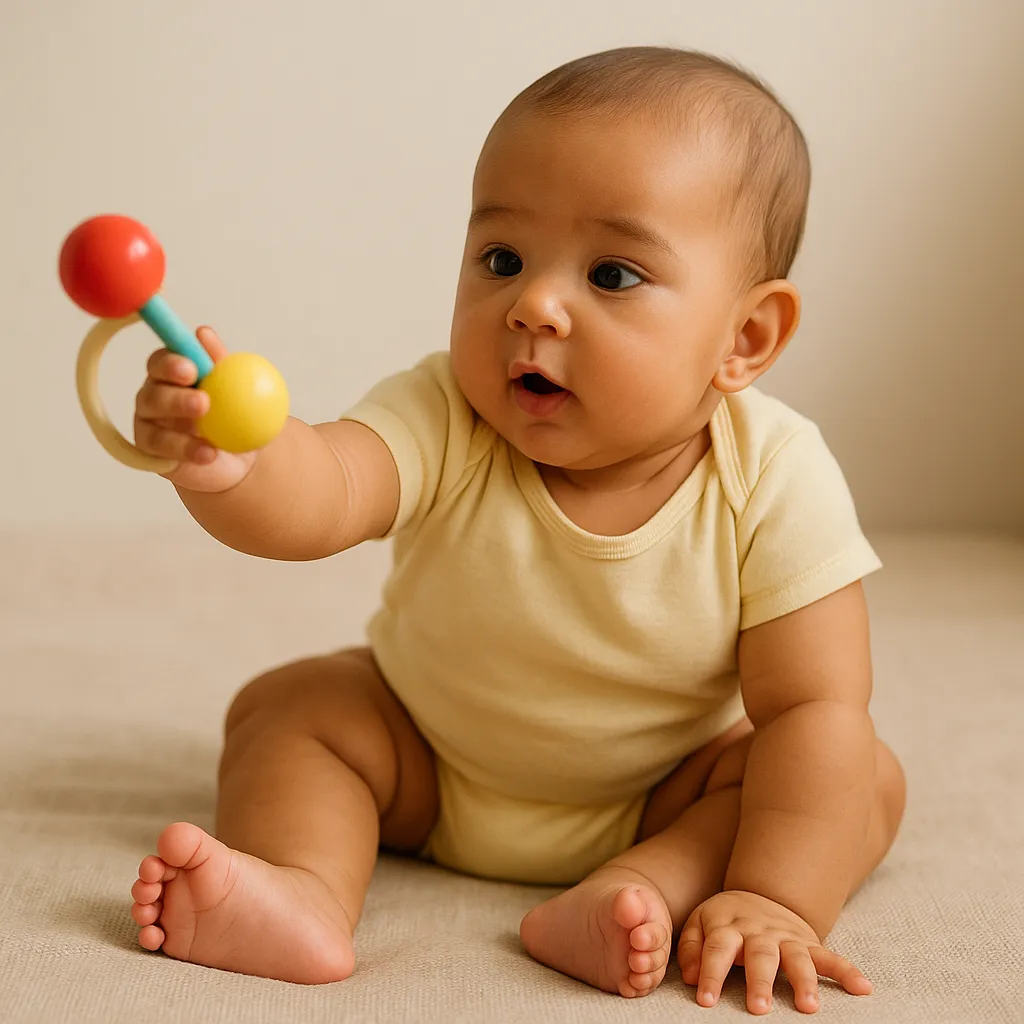 6 month old milestones: baby sitting with support and reaching for a rattle